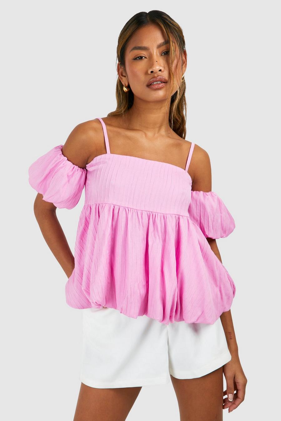 Pink Puff Sleeve Babydoll Textured Smock Top image number 1