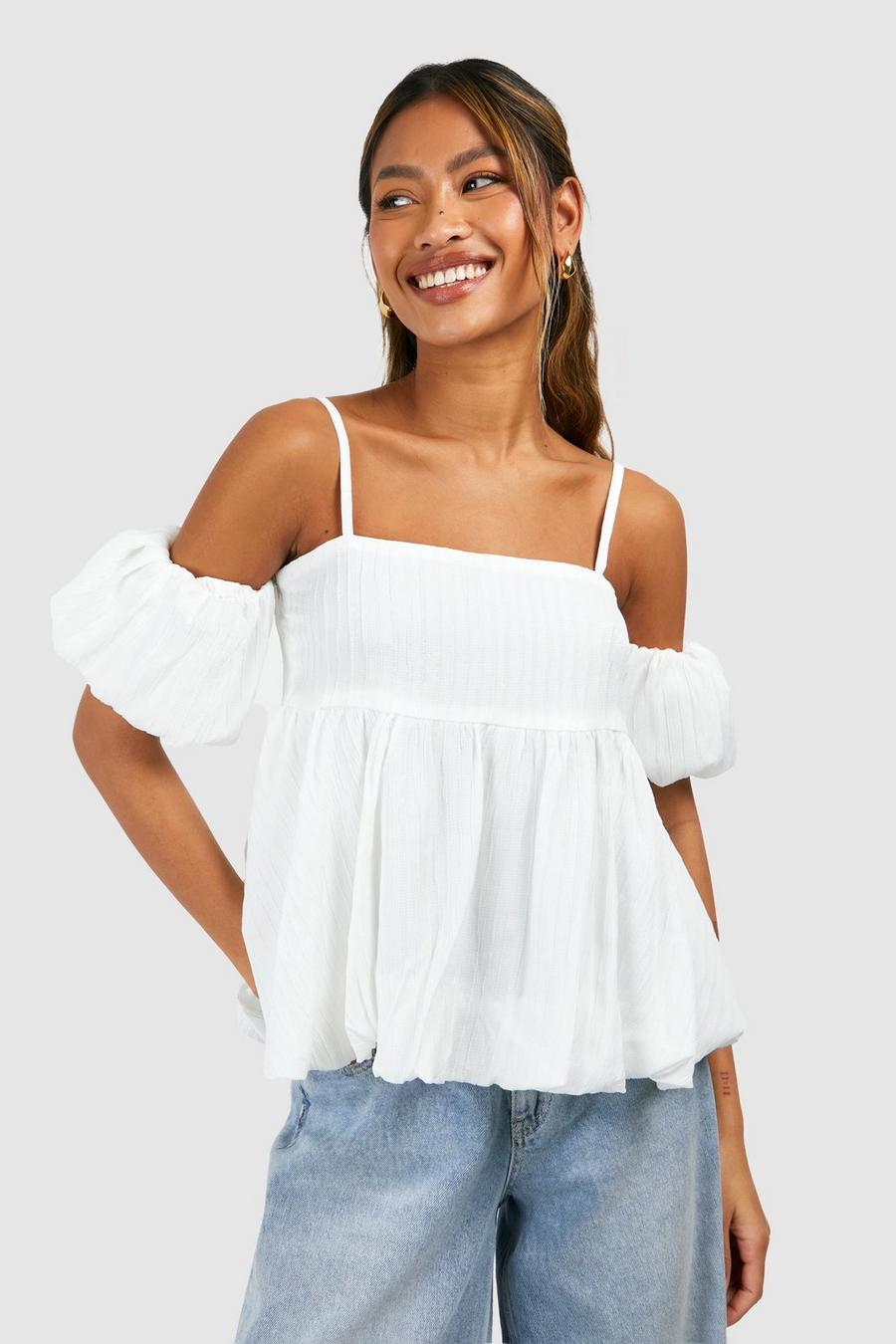 White Puff Sleeve Babydoll Textured Smock Top image number 1