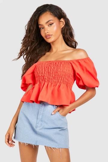 Orange Shirred Puff Sleeve Smock Top