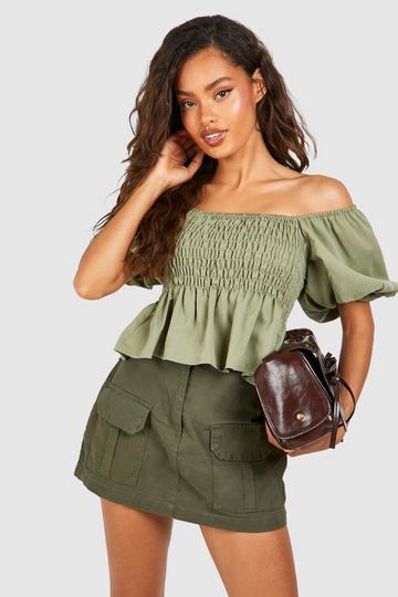 Shirred Puff Sleeve Smock Top olive