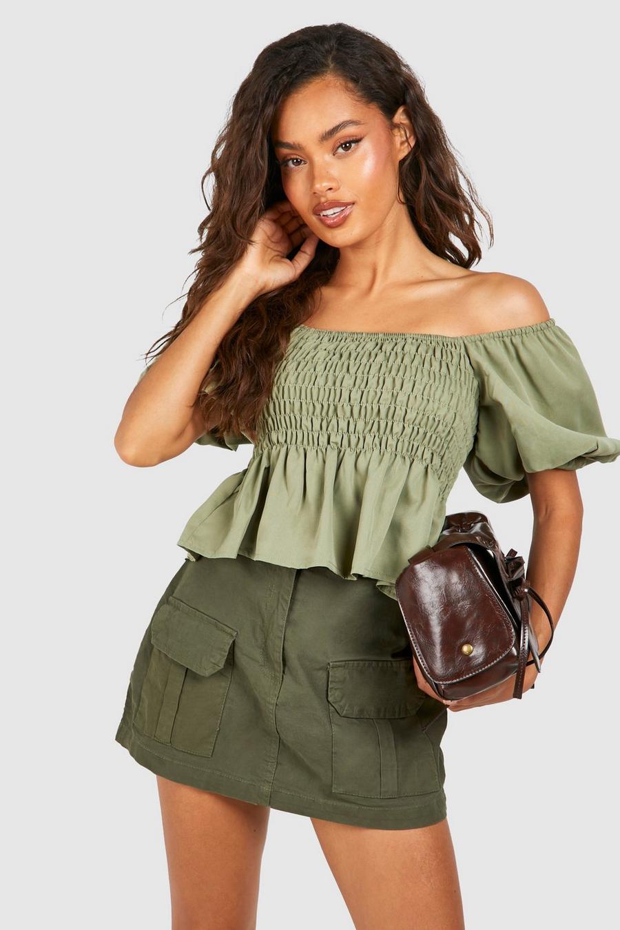 Olive Shirred Puff Sleeve Smock Top