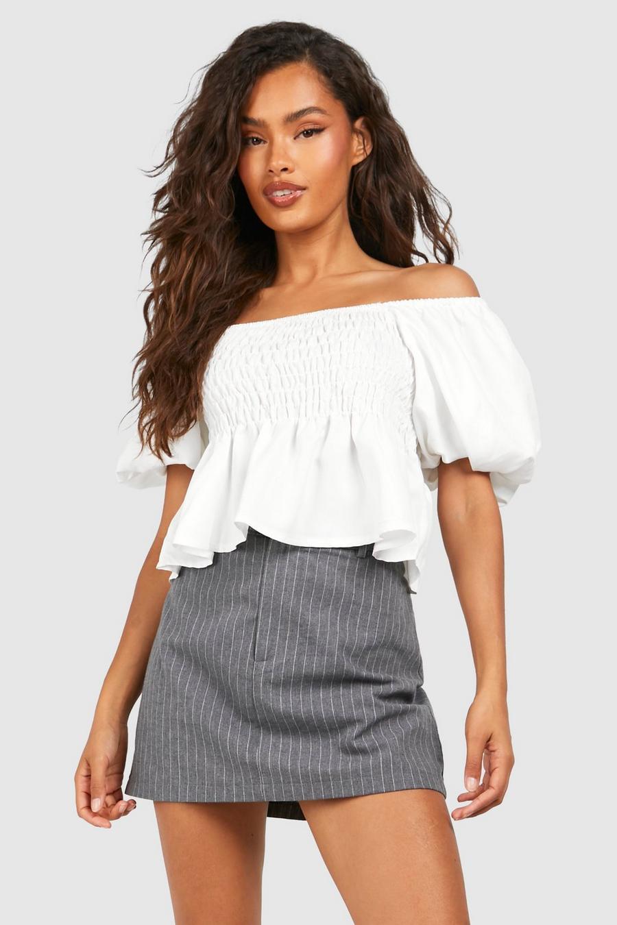 White Shirred Puff Sleeve Smock Top image number 1
