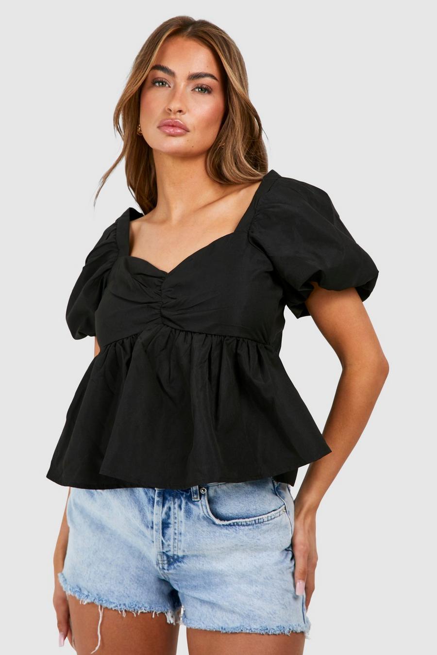 Black Puff Sleeve Ruched Detail Smock Top image number 1