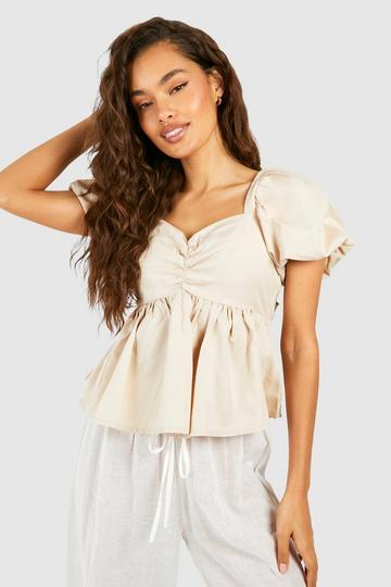 Stone Beige Puff Sleeve Ruched Detail Smock Top