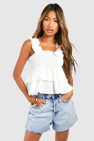 White Shirred Ruffle Cami