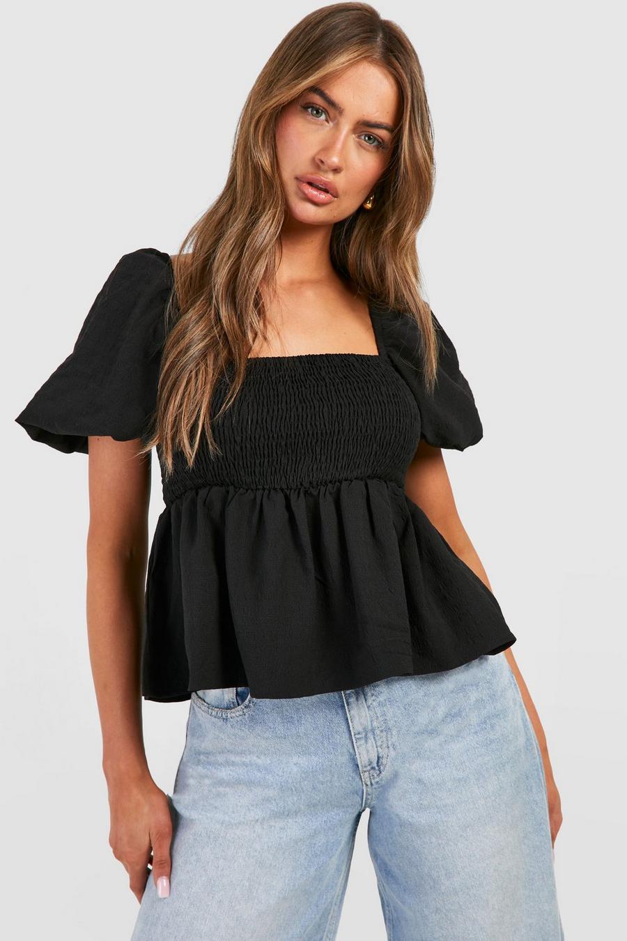 Black Textured Puff Sleeve Shirred Smock Top image number 1