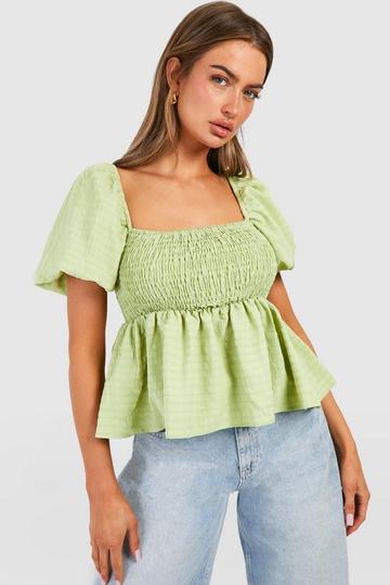 Textured Puff Sleeve Shirred Smock Top olive