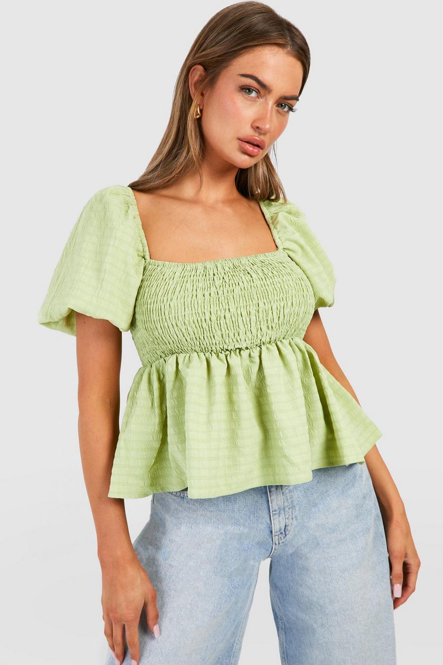 Olive Textured Puff Sleeve Shirred Smock Top