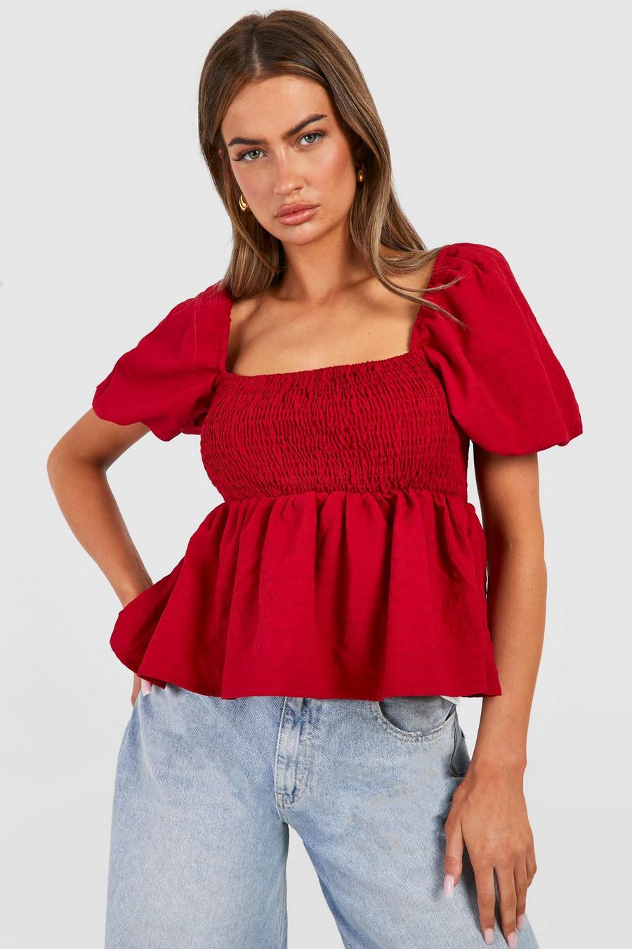 Red Textured Puff Sleeve Shirred Smock Top