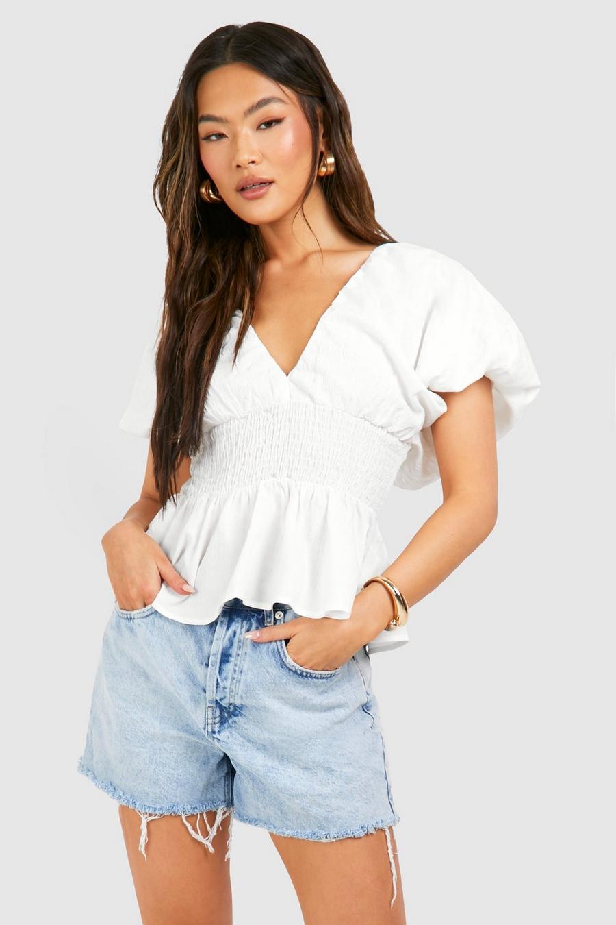 White Textured Tie Back Smock Top
