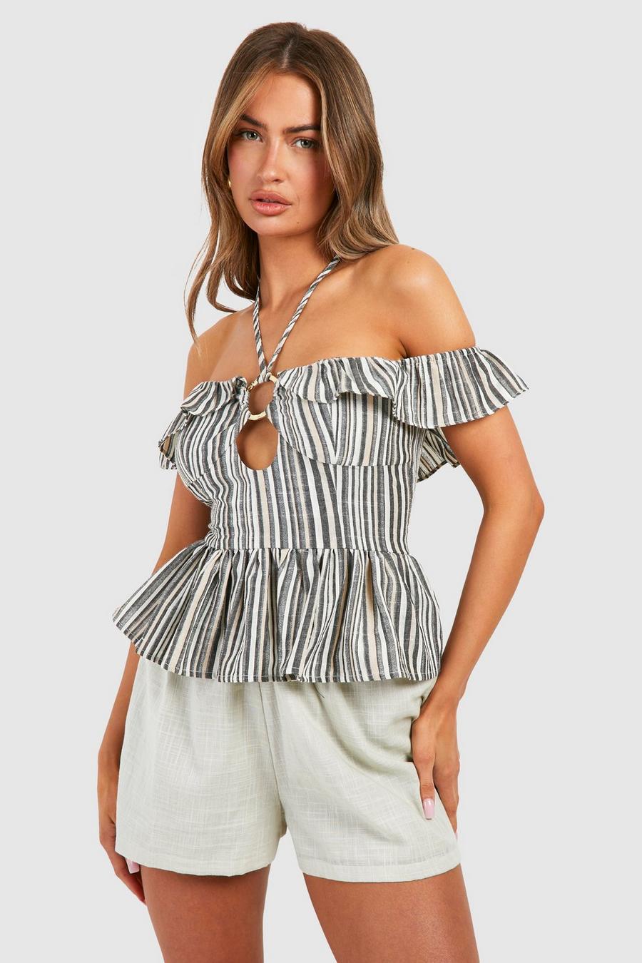 Stone Striped Linen Mix Gold Ring Halter Cami image number 1
