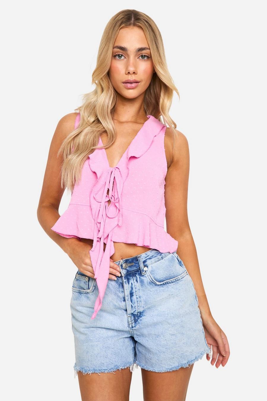 Pink Dobby Mesh Ruffle Tie Front Cami 