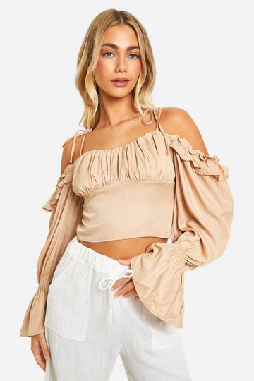 Stone Beige Off The Shoulder Ruched Tie Detail Crop