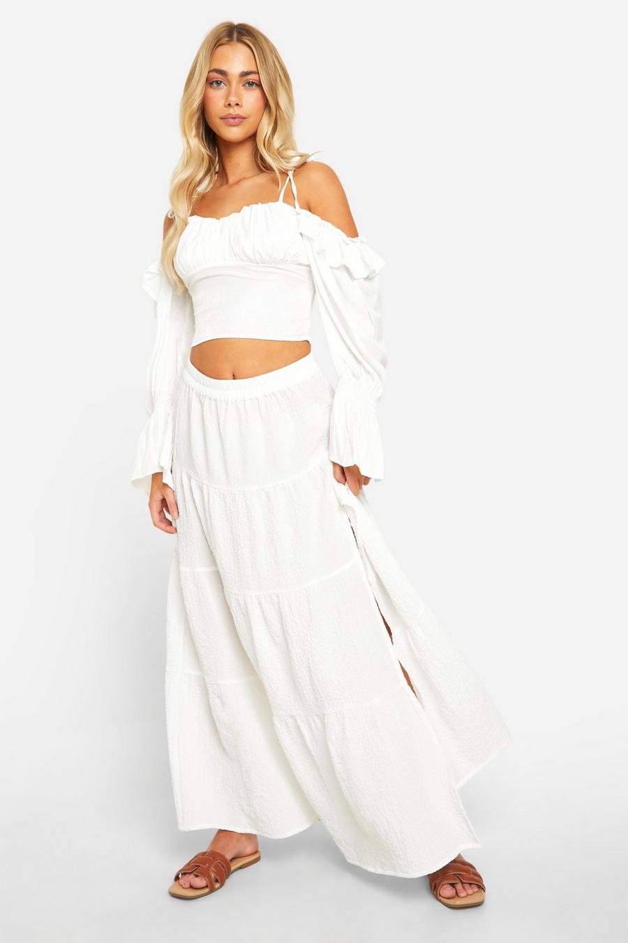 White Off The Shoulder Ruched Tie Detail Crop image number 1
