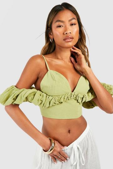 Linen Look Cold Shoulder Bralet olive