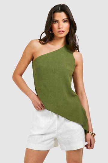 Linen One Shoulder Asymmetric Top olive