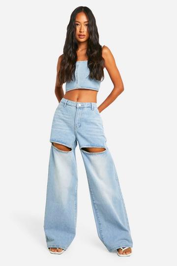 Diamante Trim Cut Out Detail Jeans light blue