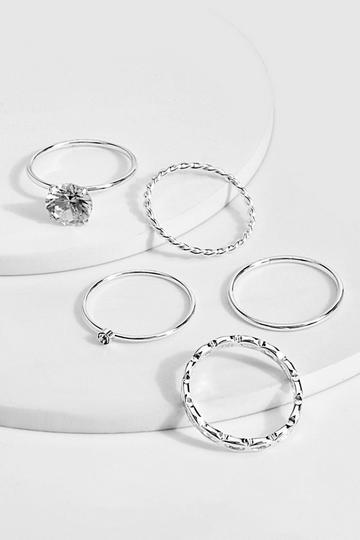 Silver 5 Pack Statement Gem Stacking Rings