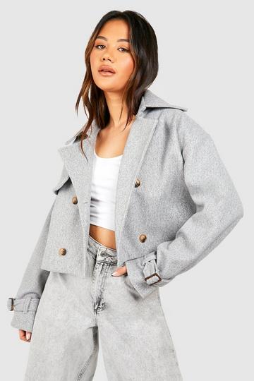 Grey Wool Look Cropped Boxy Trench Coat