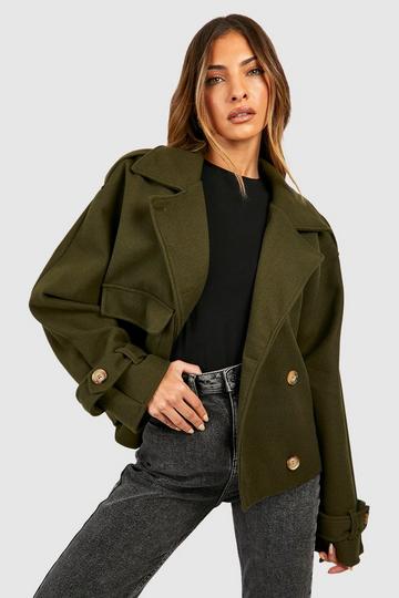 Khaki Wool Look Crop Trench Coat