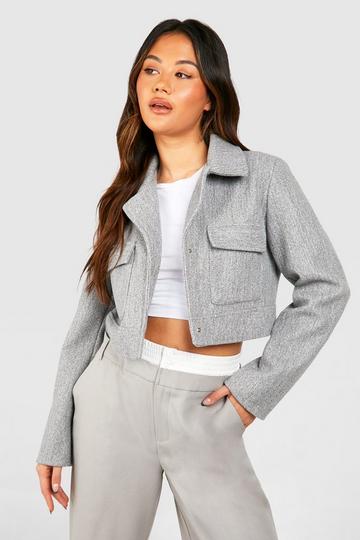 Grey Asymmetric Crop Wool Look Jacket