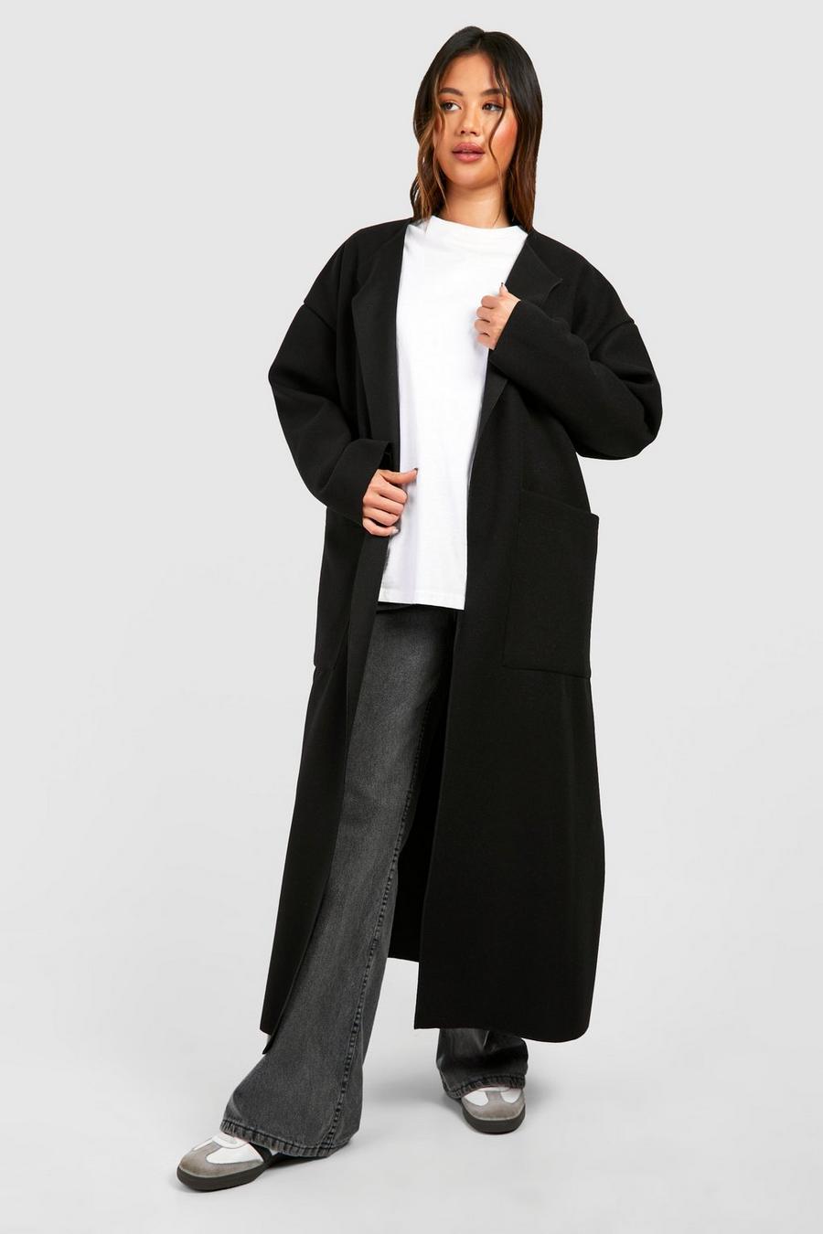 Cappotto maxi effetto lana senza colletto, Black image number 1