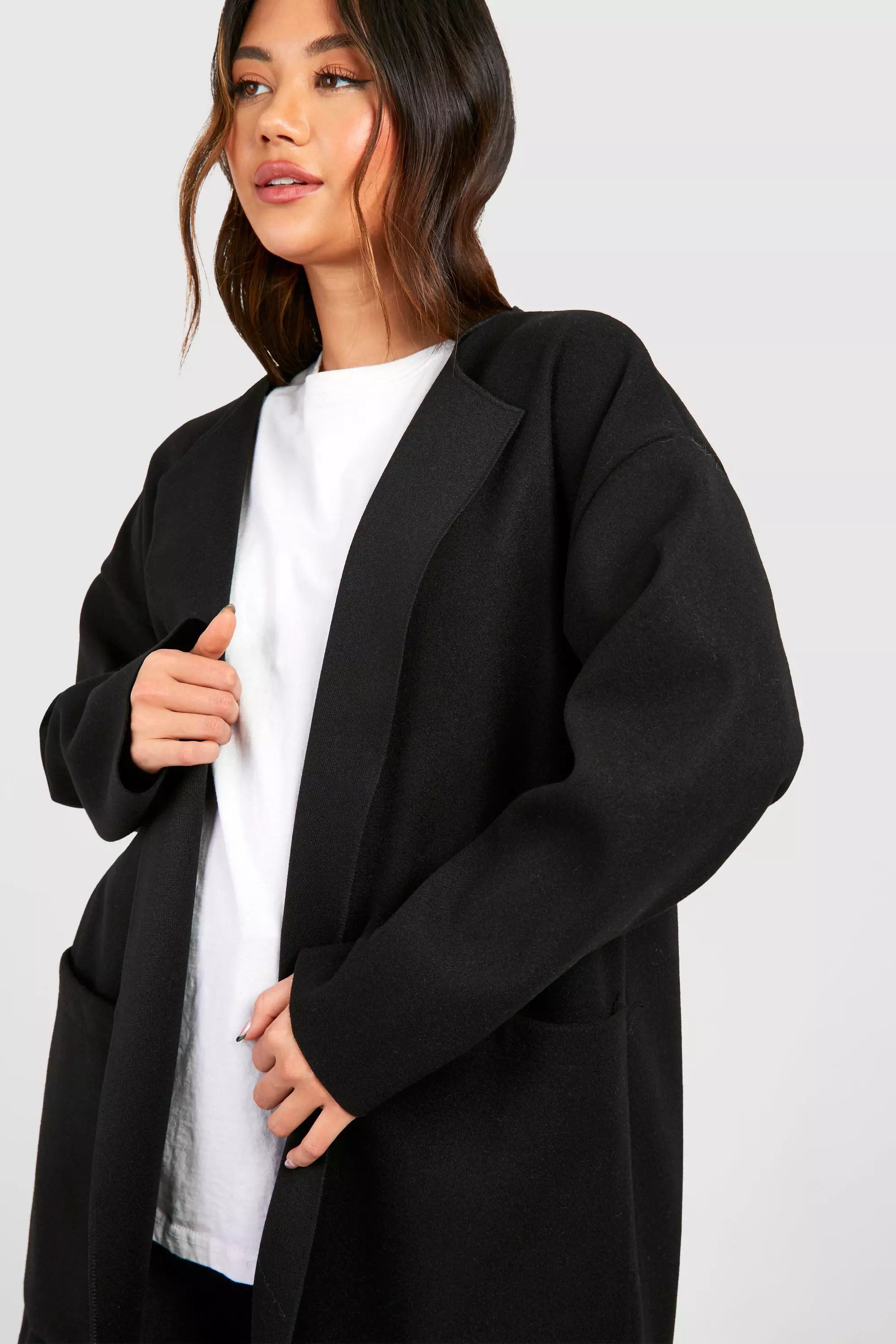Black collarless coat sale