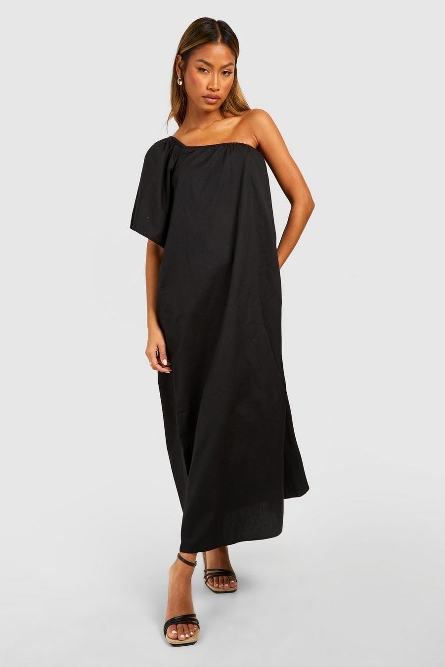Black Woven One Shoulder Maxi Dress image number 1