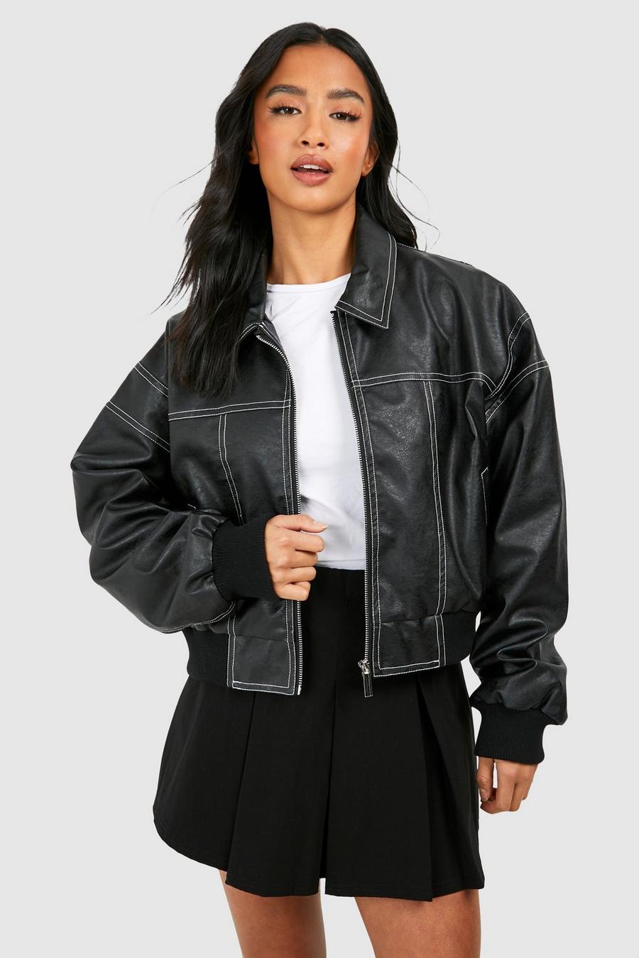 Black Petite Pu Contrast Stitch Cropped Bomber Jacket image number 1