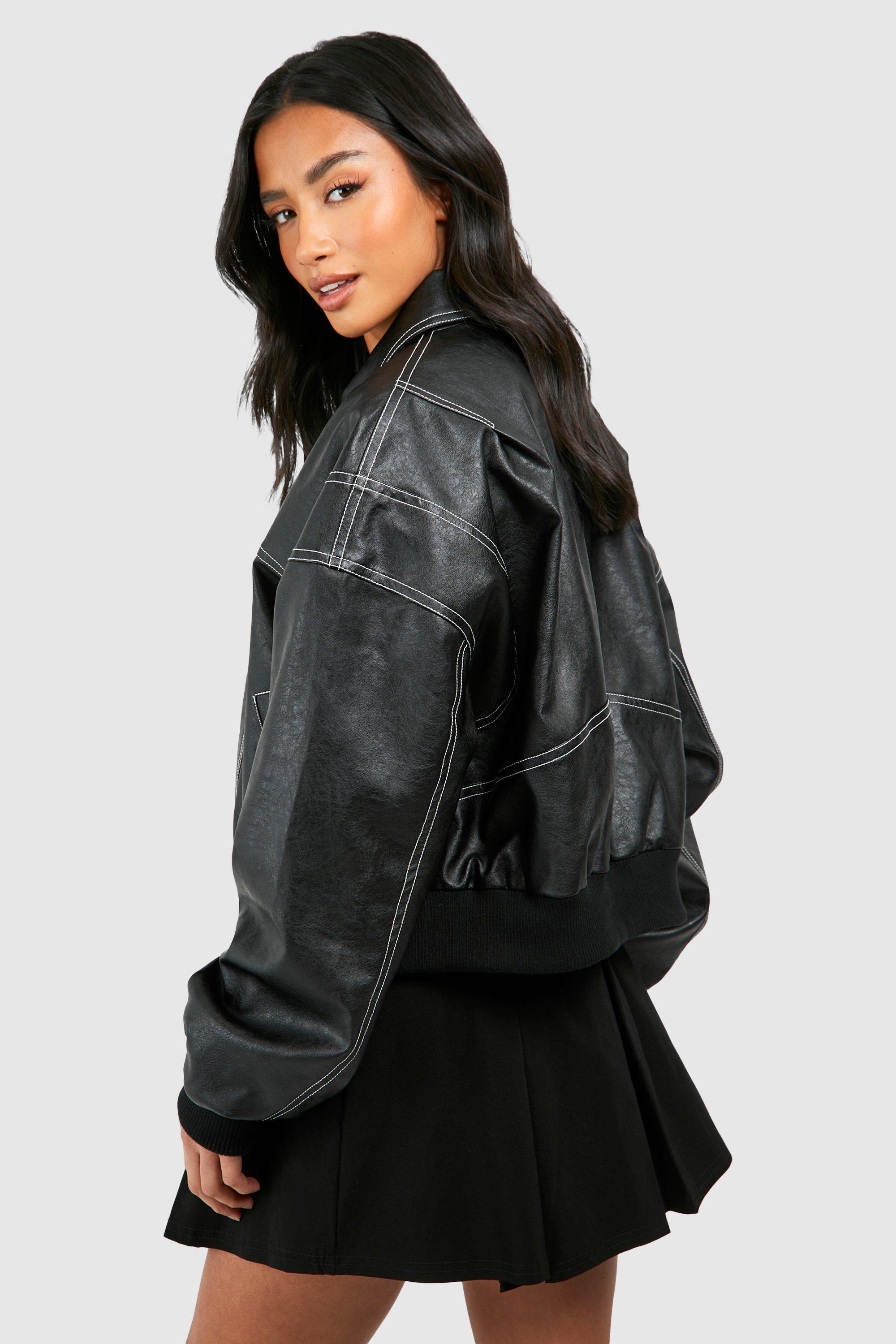 Petite Pu Contrast Stitch Cropped Bomber Jacket