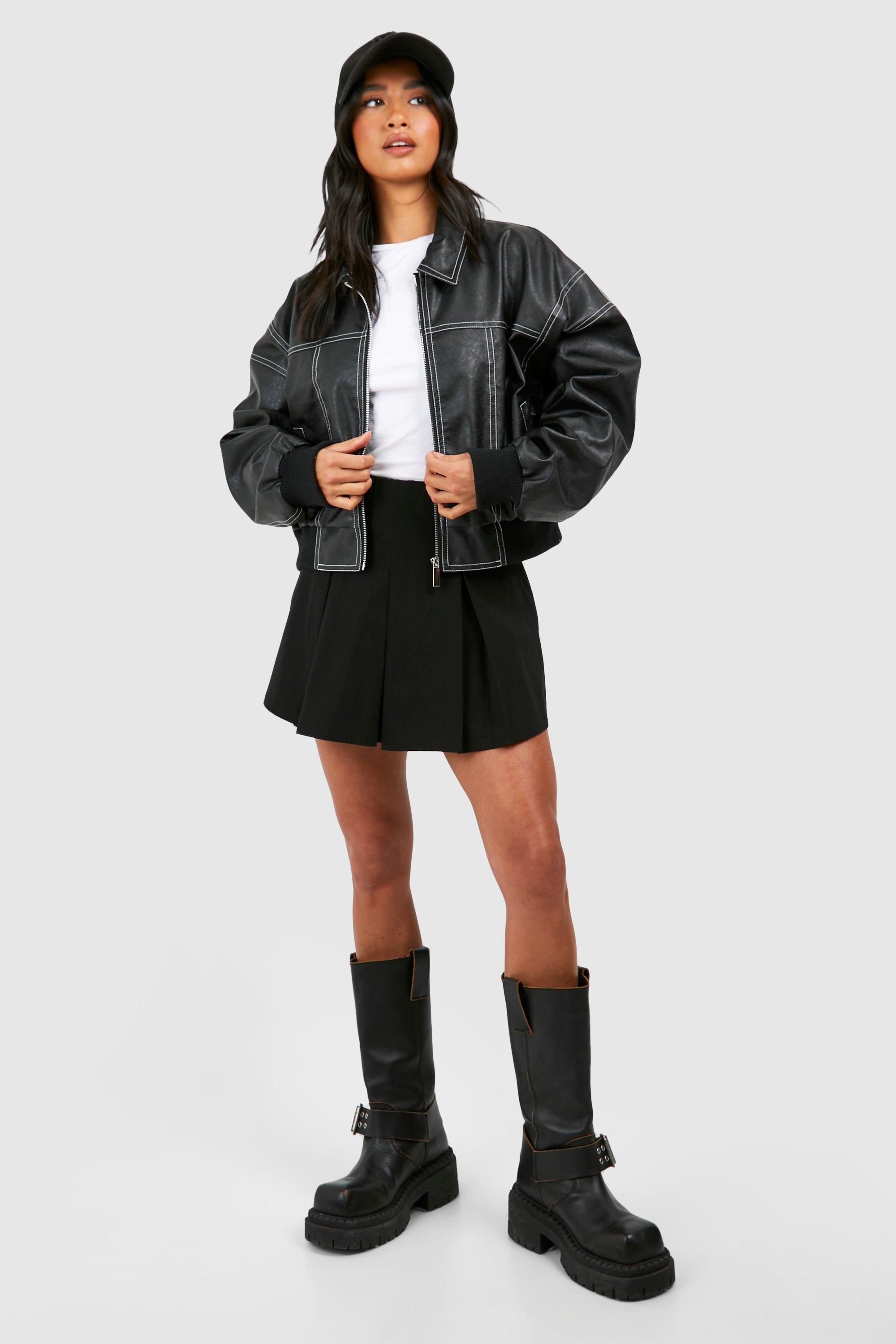 Petite Pu Contrast Stitch Oversized Bomber Jacket