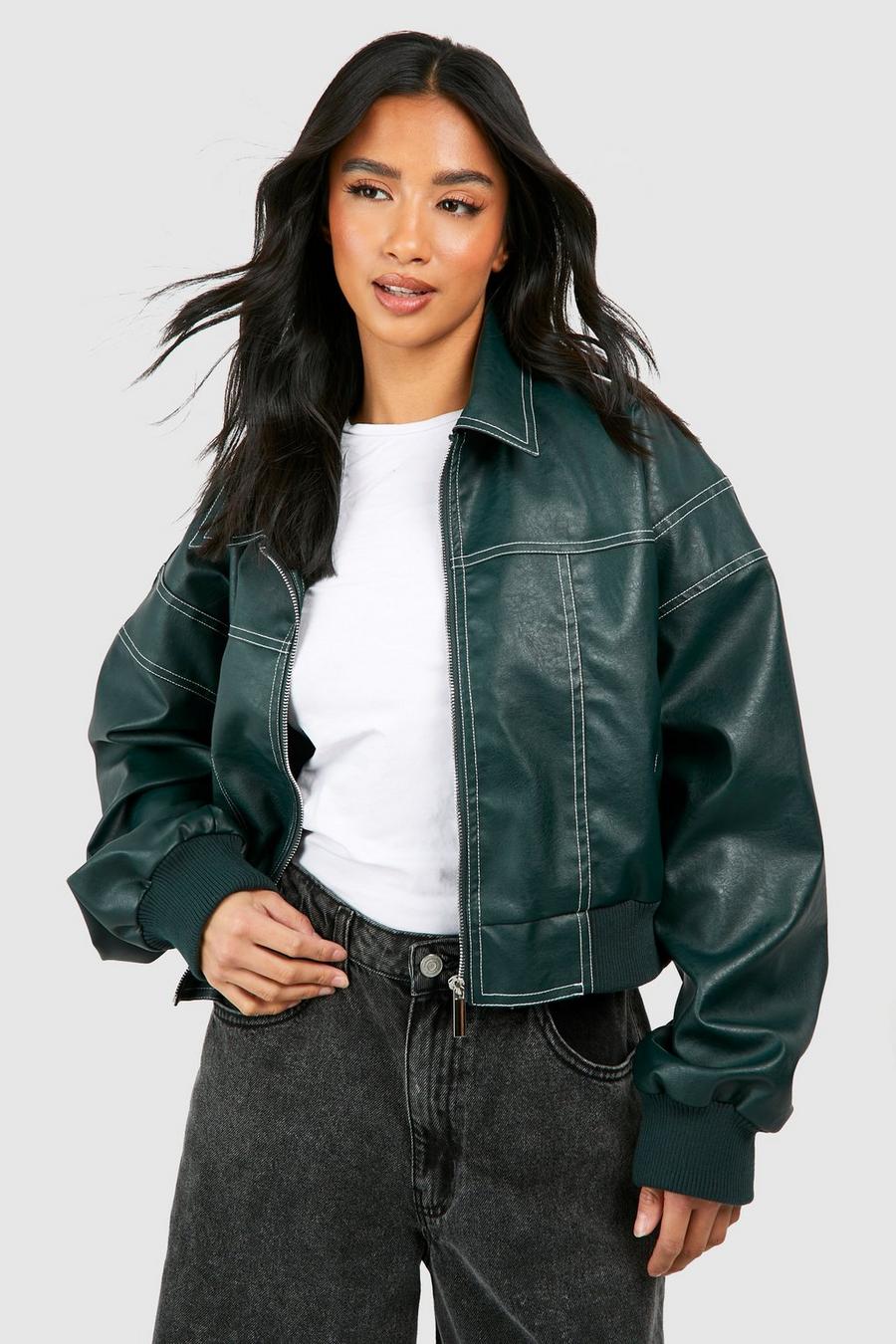 Green Petite Pu Contrast Stitch Cropped Bomber Jacket image number 1