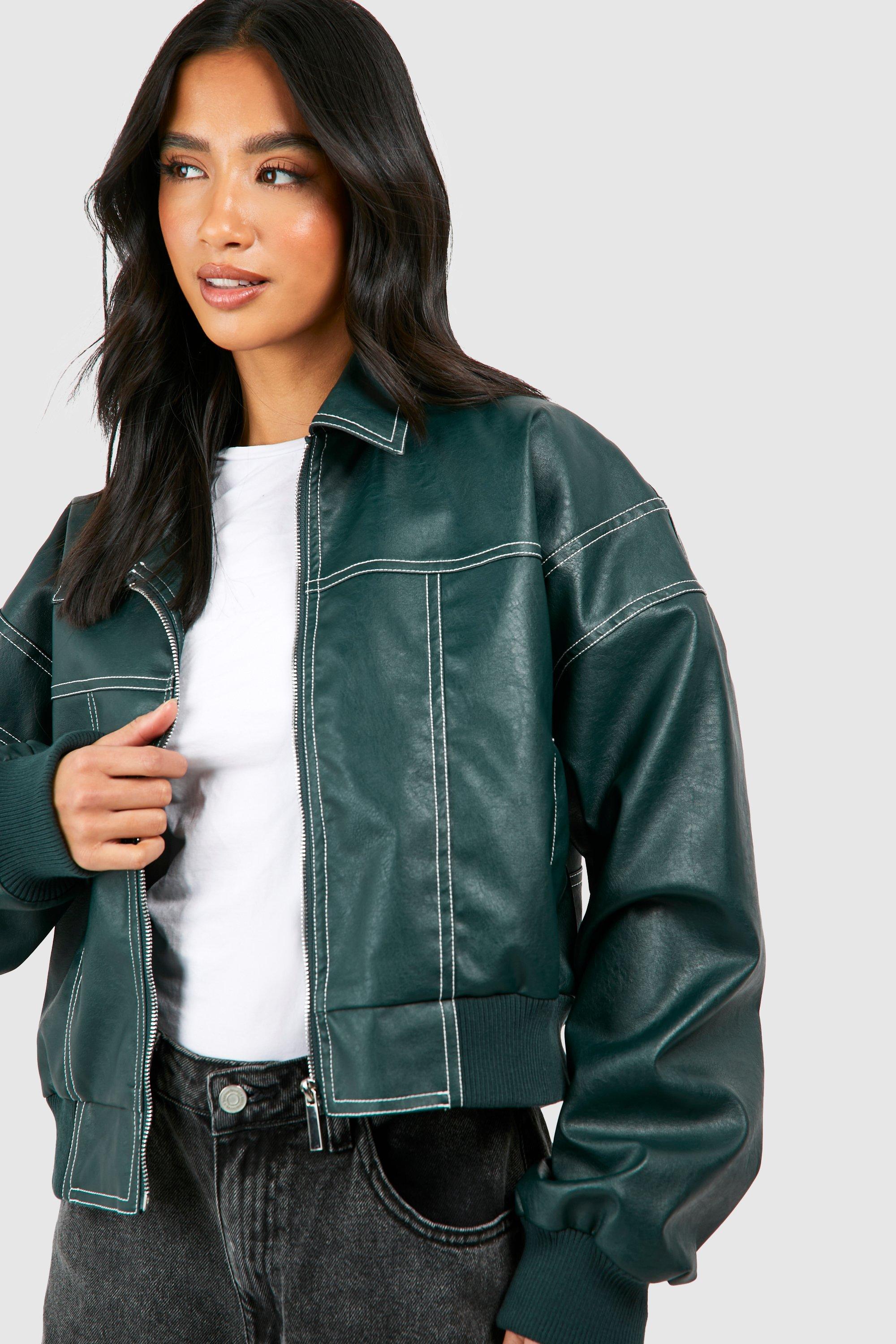 Petite Pu Contrast Stitch Cropped Bomber Jacket