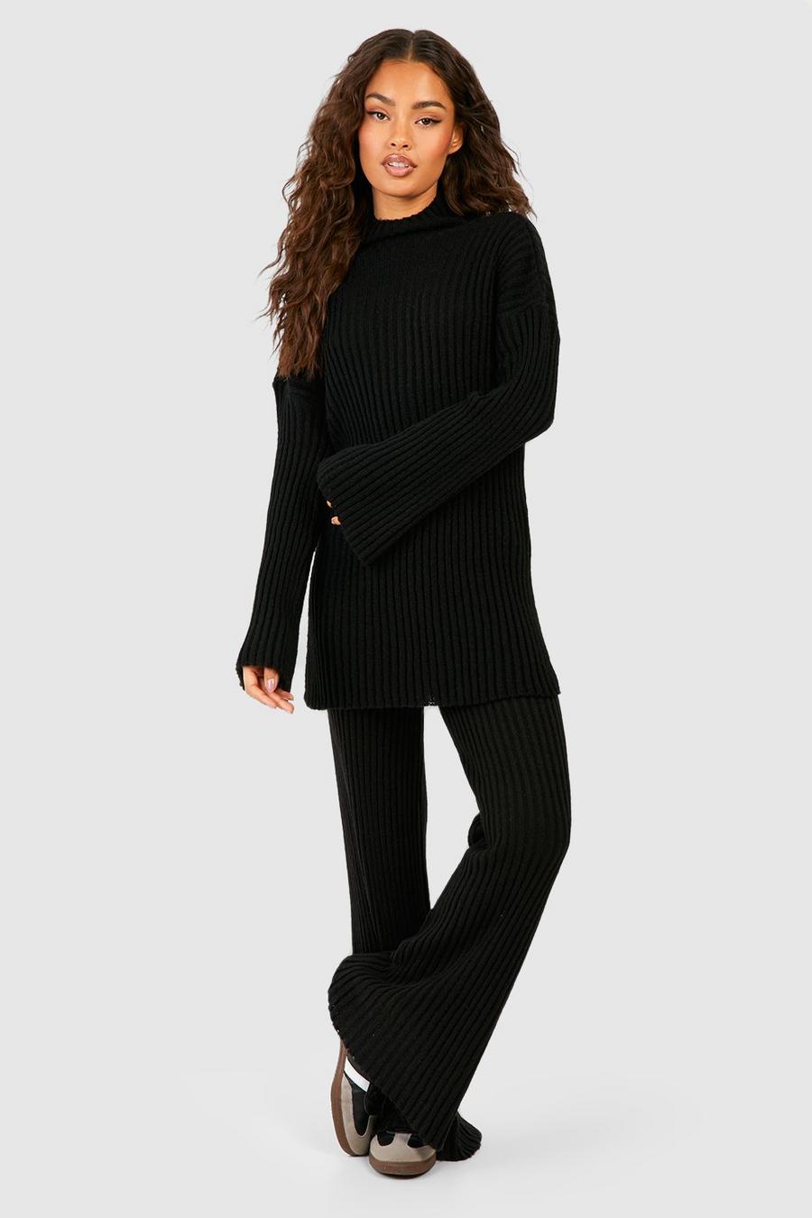 Conjunto coordinado de pantalón de pernera ancha y jersey de punto y canalé suave, Black image number 1