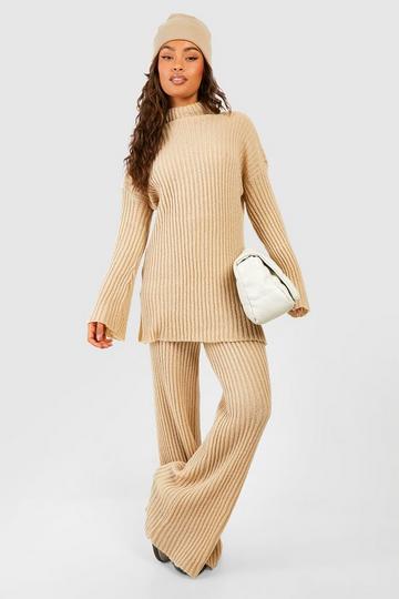 Camel Beige Zachte Geribbelde Gebreide Trui En Wide Leg Broek Set