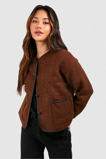 Chocolate Brown Contrast Trim Wool Look Jacket