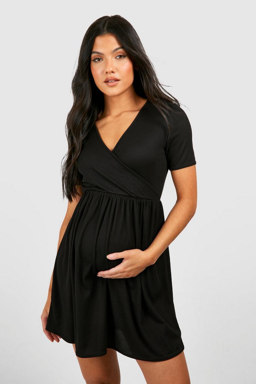 Black Maternity Soft Rib V Neck Smock Dress image number 1