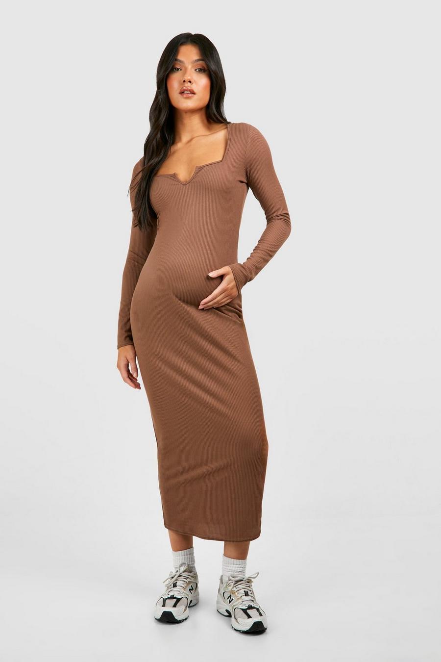 Umstandsmode weiches geripptes Bodycon-Midikleid, Camel image number 1