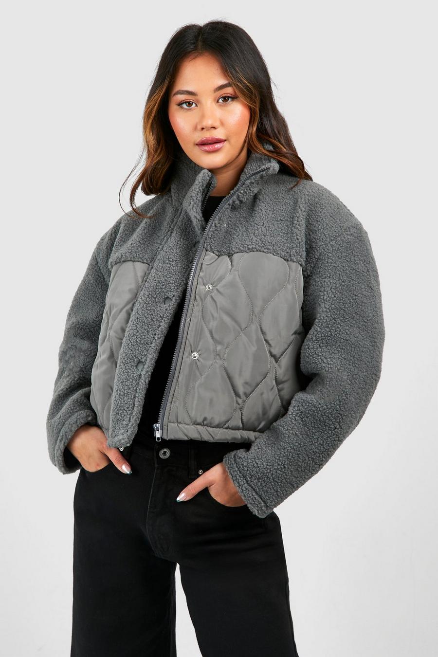 Charcoal Quilted Nylon Detail Teddy Faux Fur Jacket image number 1