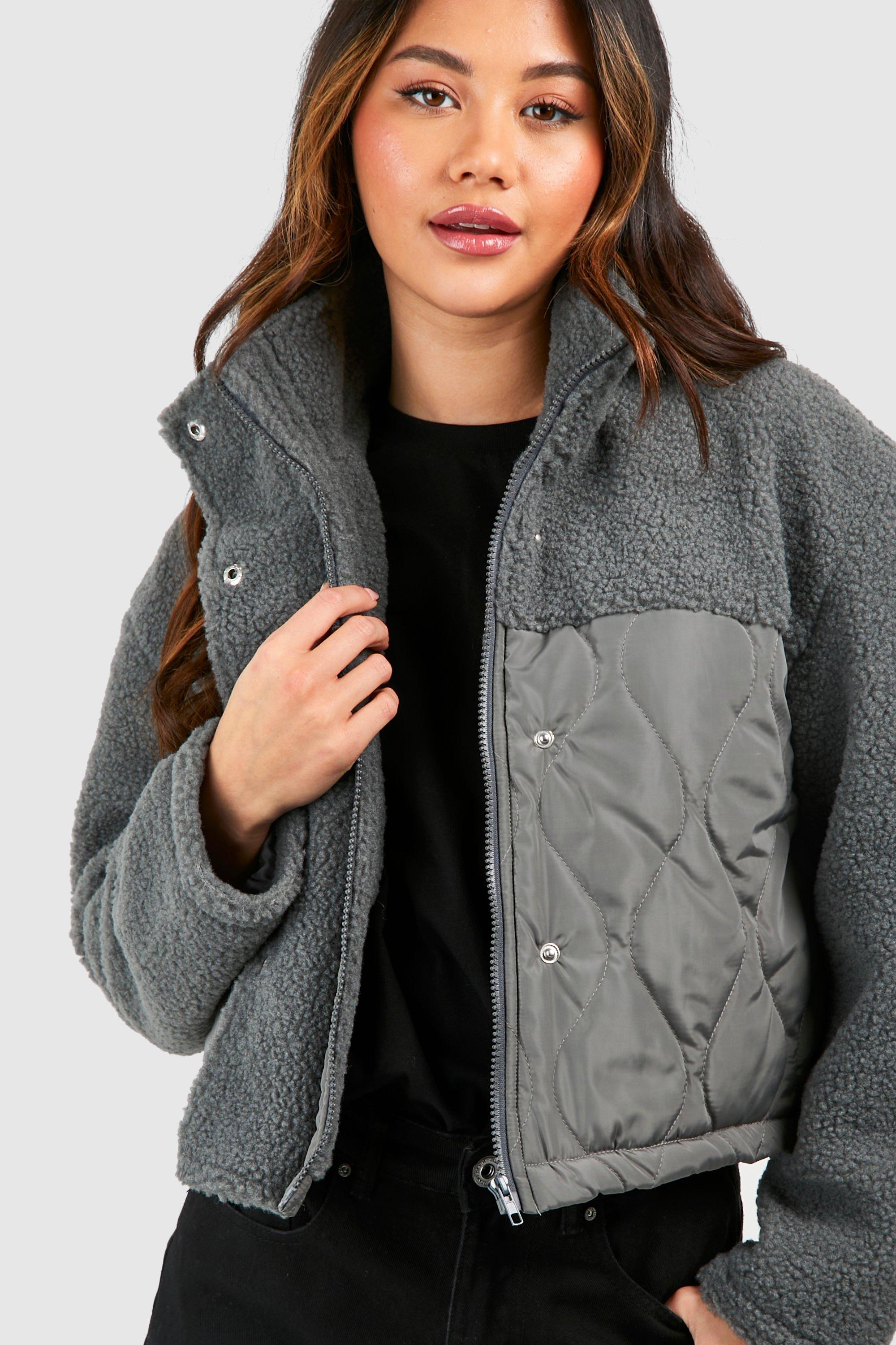 Quilted Nylon Detail Teddy Faux Fur Jacket boohoo USA