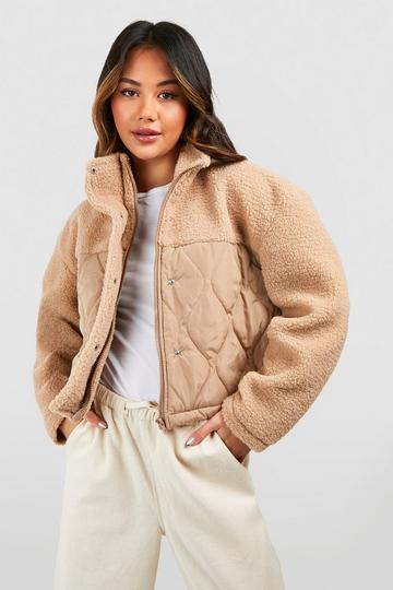 Stone Beige Quilted Nylon Detail Teddy Faux Fur Jacket