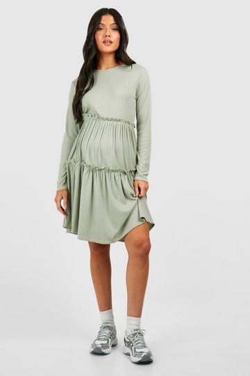 Maternity Frill Jumbo Rib Smock Dress sage