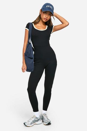 Premium Rib Contrast Scoop Neck Jumpsuit black