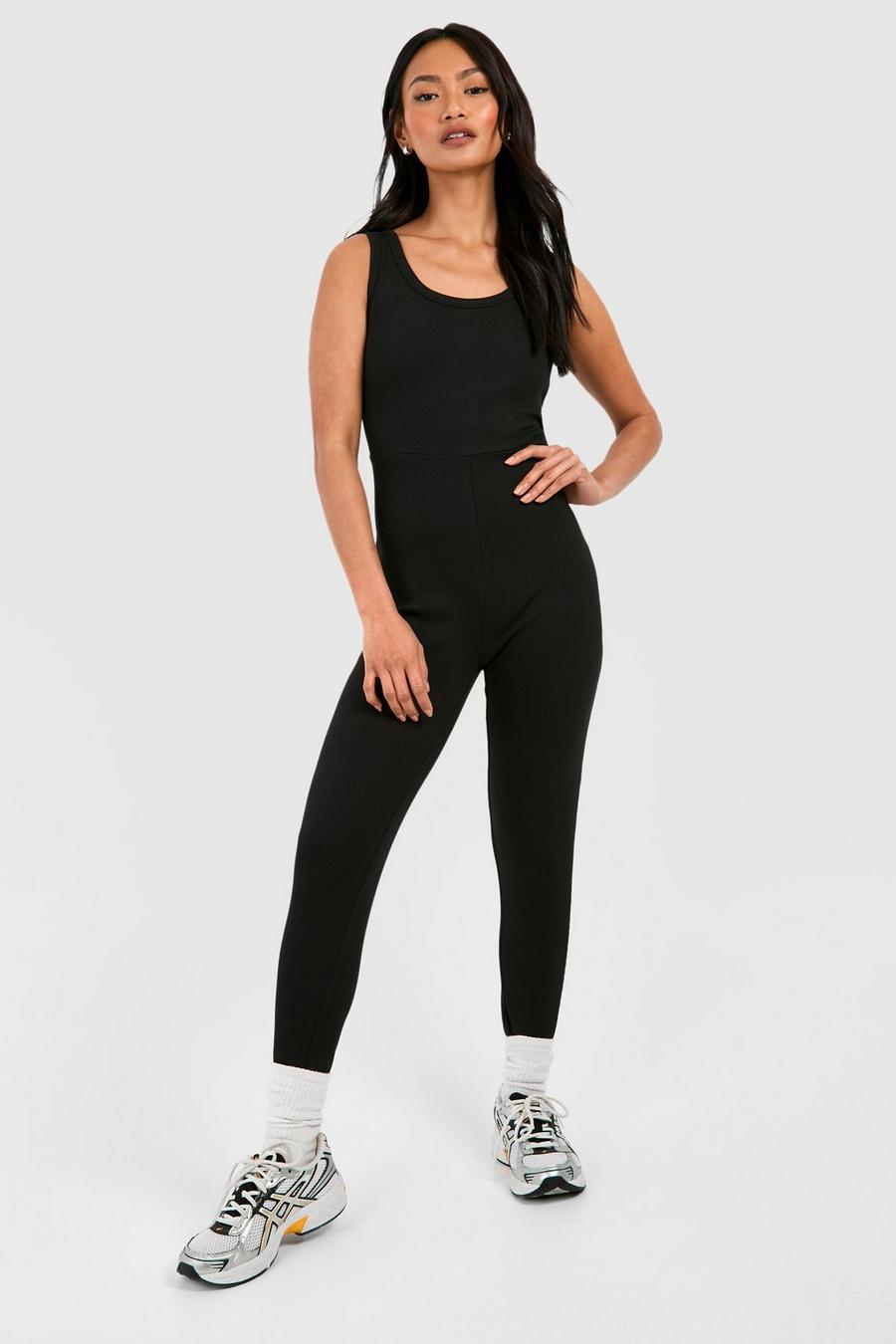 Gerippter Premium Kontrast-Jumpsuit mit Rundhalsausschnitt, Black