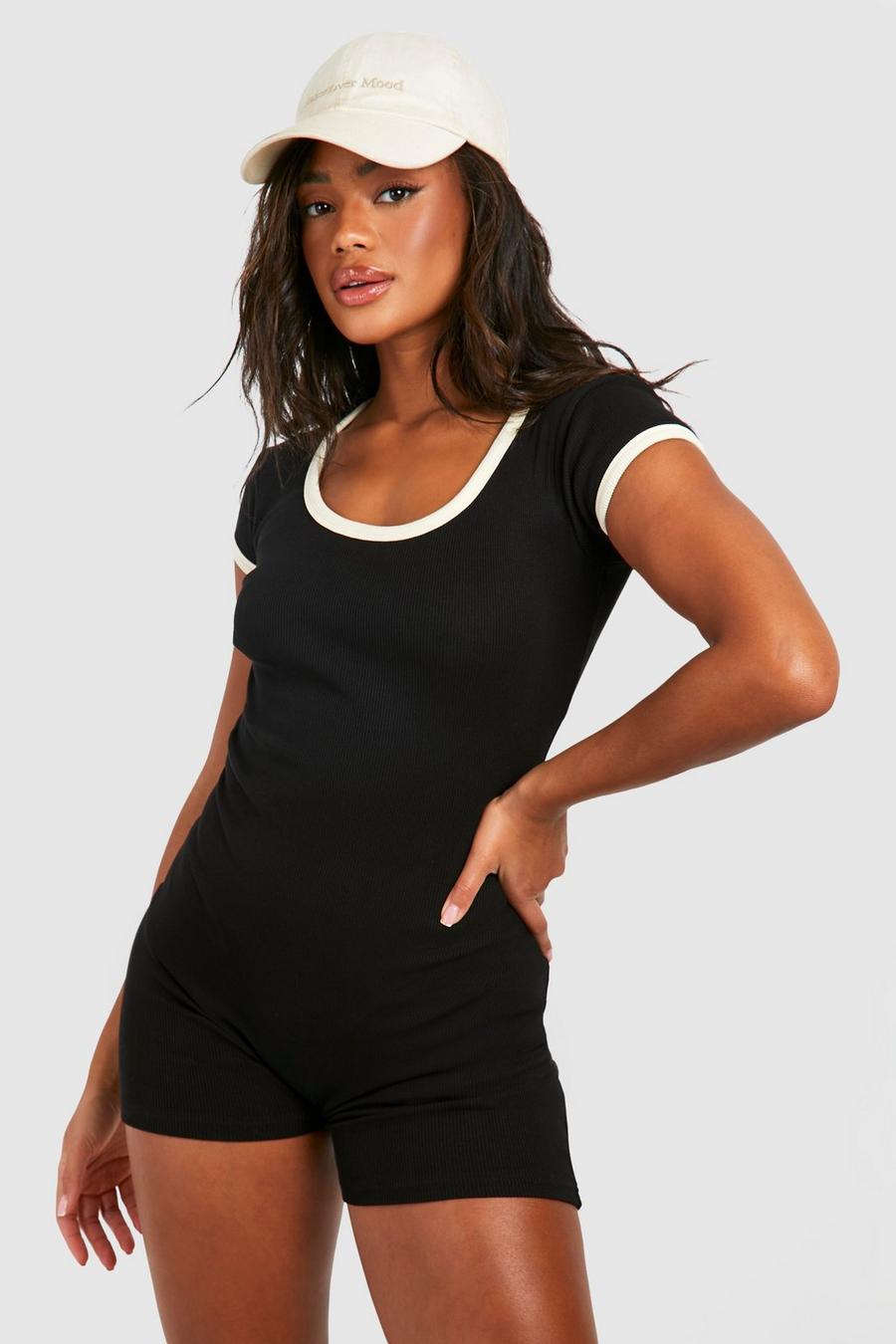 Gerippter Premium Kontrast Rundhals T-Shirt-Einteiler, Black image number 1