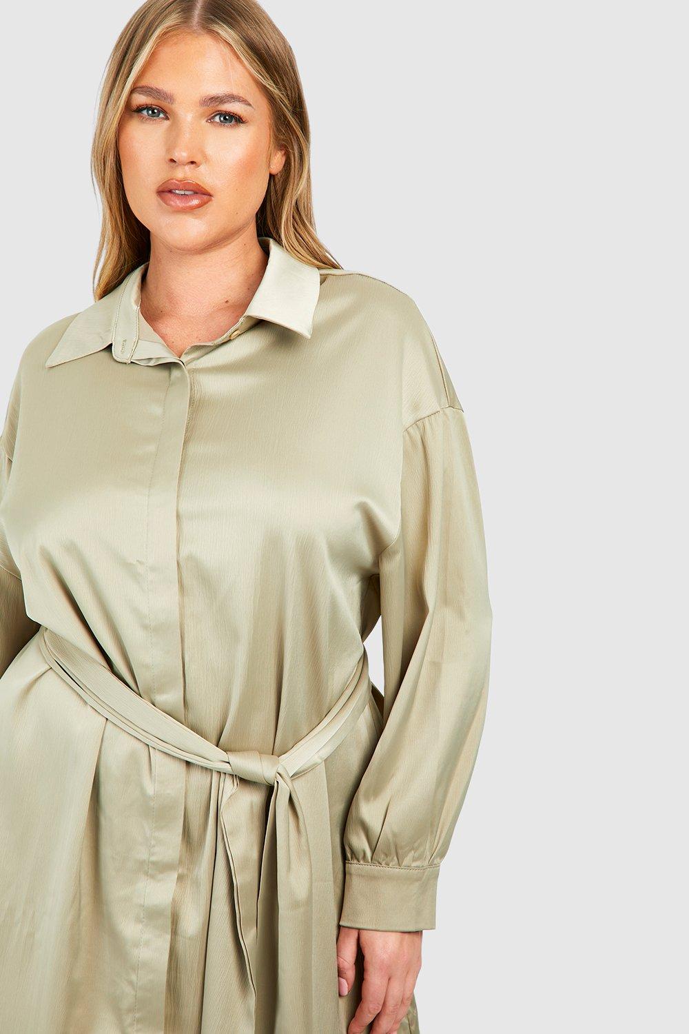 Plus Satin Tie Belt Shirt Dress