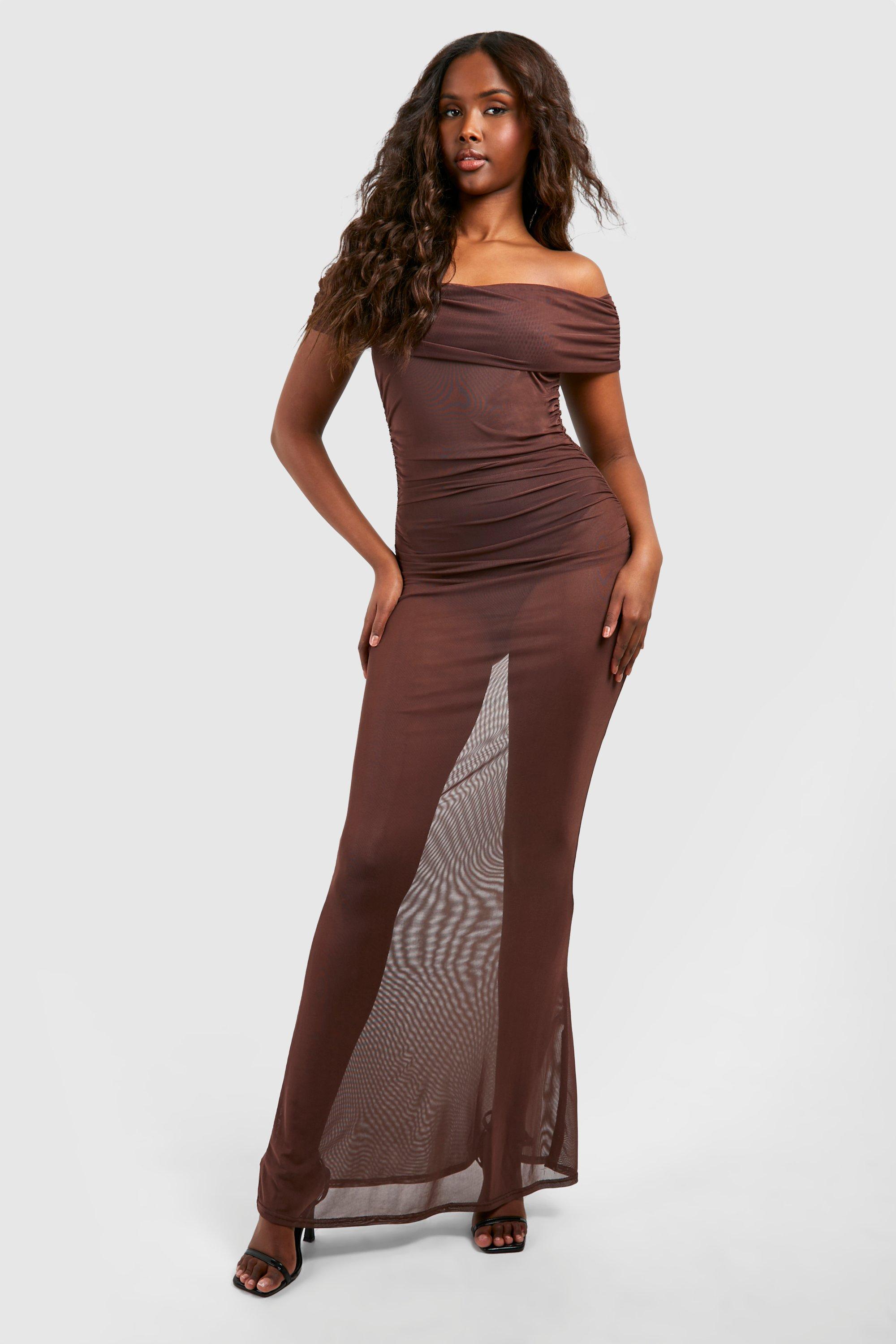 boohoo Brown Women s Ruched Mesh Bardot Maxi Dress Size 40