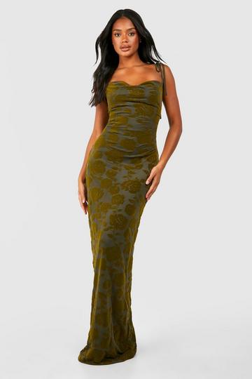 Floral Devore Cowl Maxi Slip Dress khaki