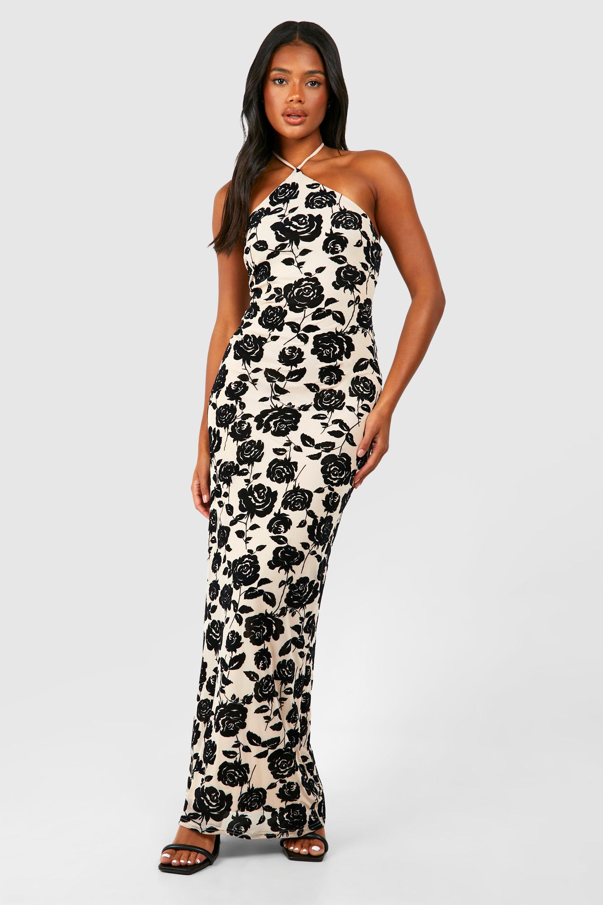 Women s Floral Devore Halter Maxi Dress Boohoo UK