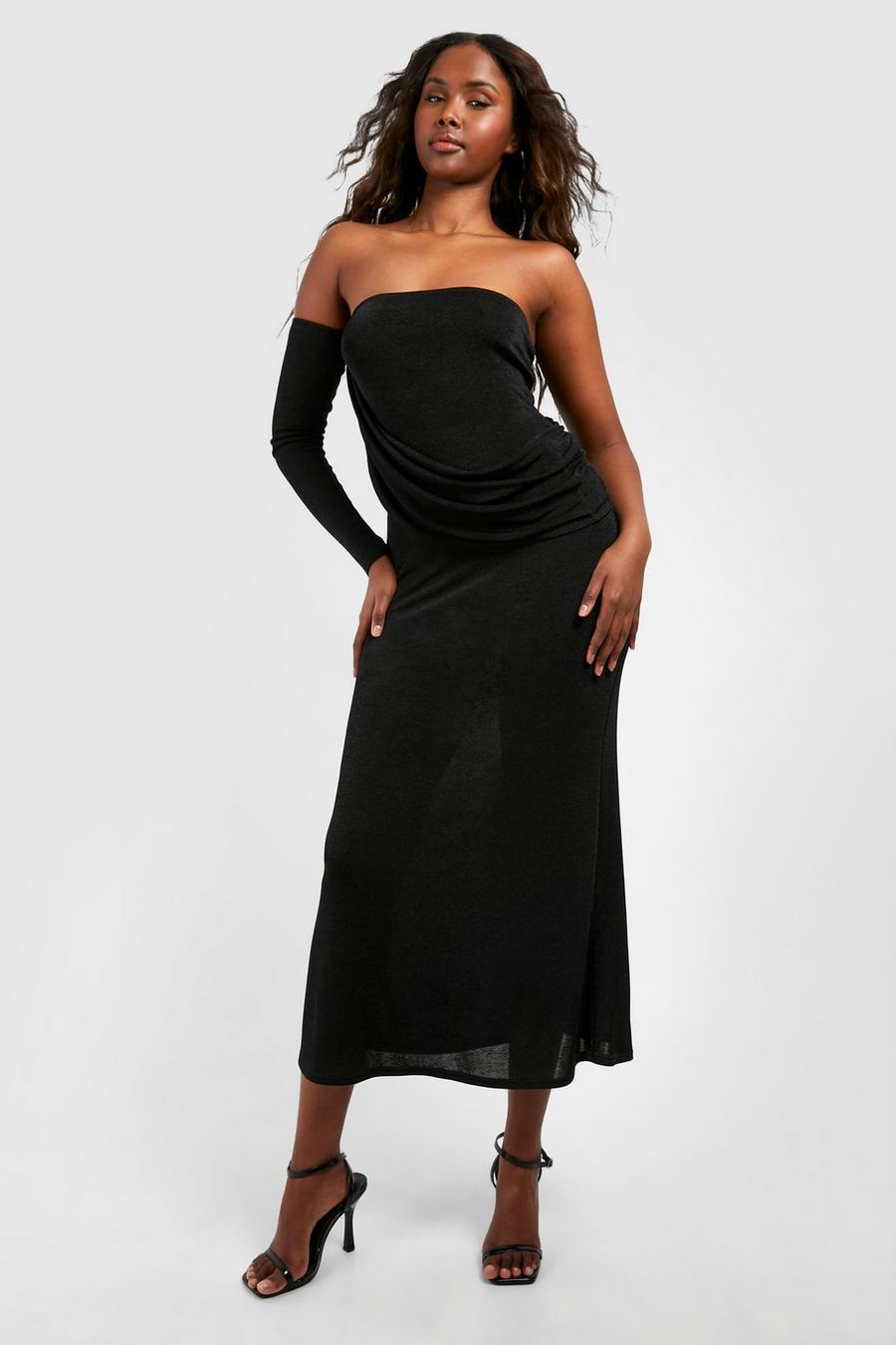 Black Wrap Ruched Acetate Slinky Maxi Dress image number 1